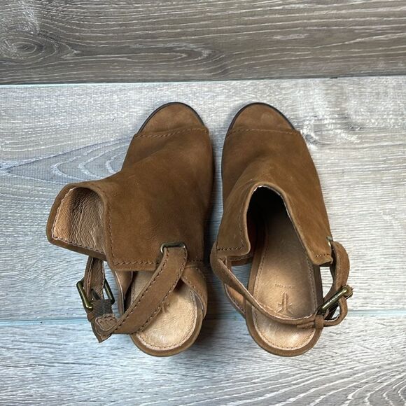 Frye Dani Shield Women’s Sz 7M Brown Suede Slingback Buckle Peep Toe Mules Heels - Picture 5 of 12